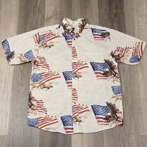 Bit & Bridle American Flag Horse Print Button Up Shirt Patriotic Med